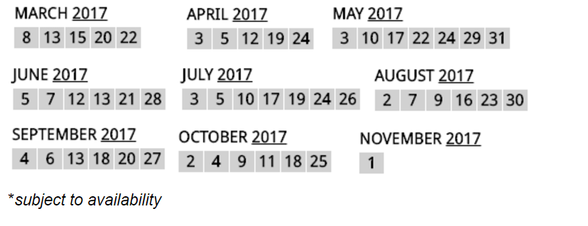 bucket list departure dates 2017