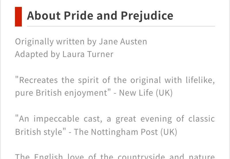 Buy Pride and Prejudice by Chapterhouse Theatre Britain tickets in Shanghai